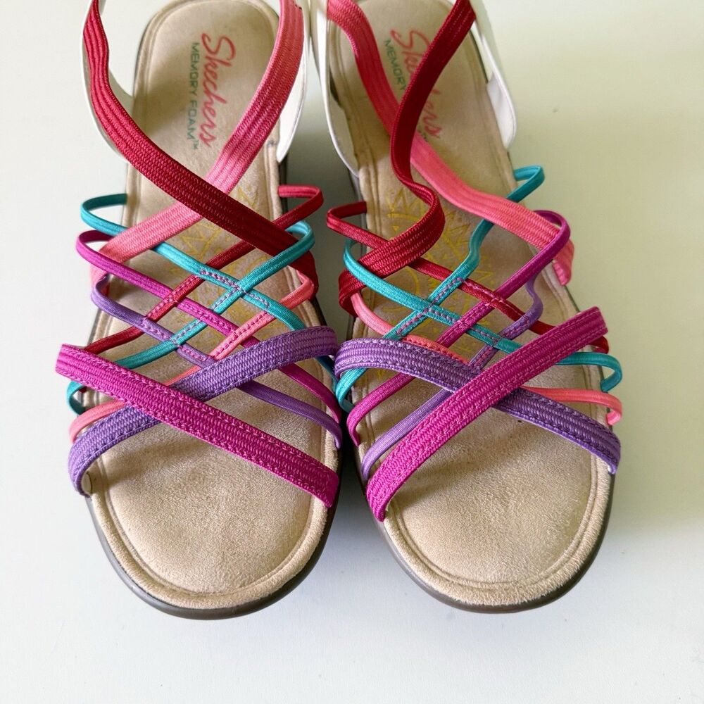 Skechers White Multi Gore Sling Back Wedges Parallel Strappy Memory Foam Sz 8.5 - Picture 3 of 13